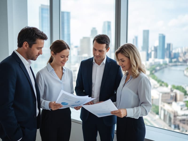 Colleagues reviewing business reports with a city skyline behind them