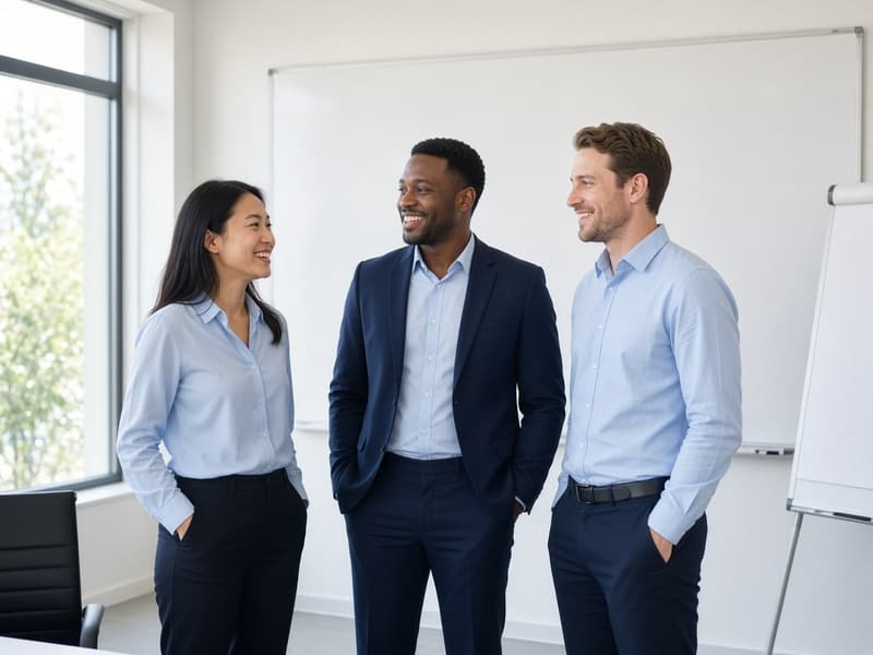 A trainer and colleagues talking in a bright training room