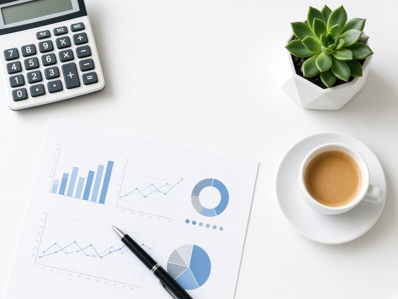 Financial charts, a calculator and a cup of coffee on a desk