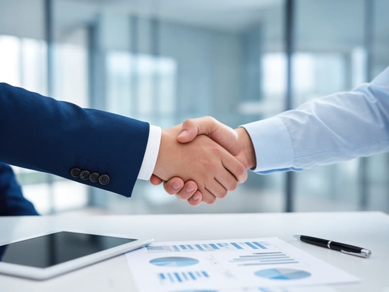 A handshake over investment documents and a tablet